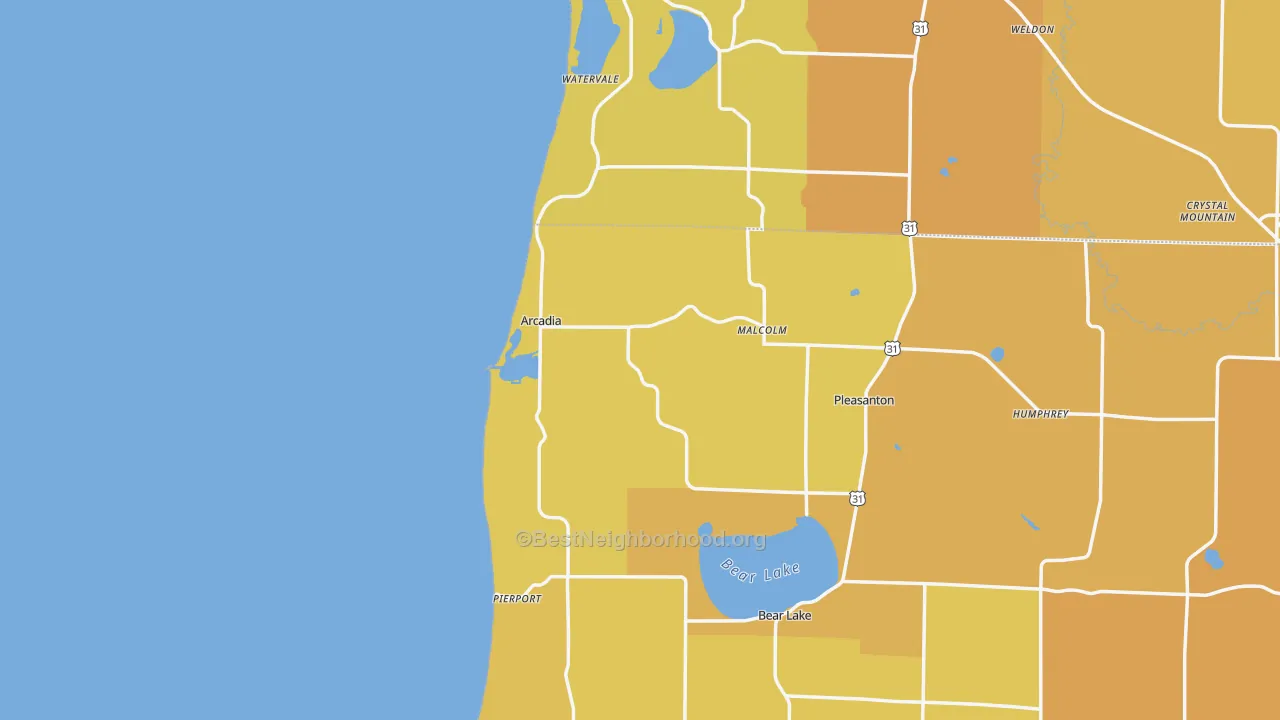 Map of the best neighborhoods in the Arcadia area, with better matches in green and worse matches in red