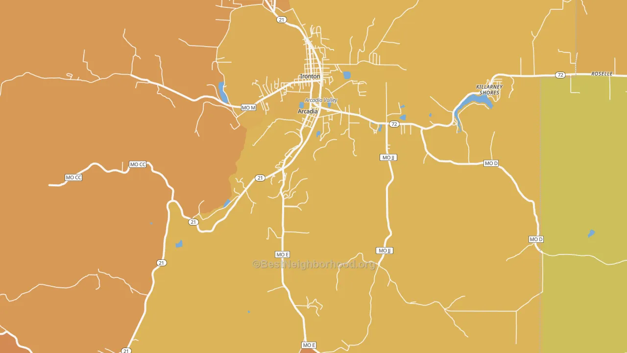 Map of the best neighborhoods in the Arcadia area, with better matches in green and worse matches in red