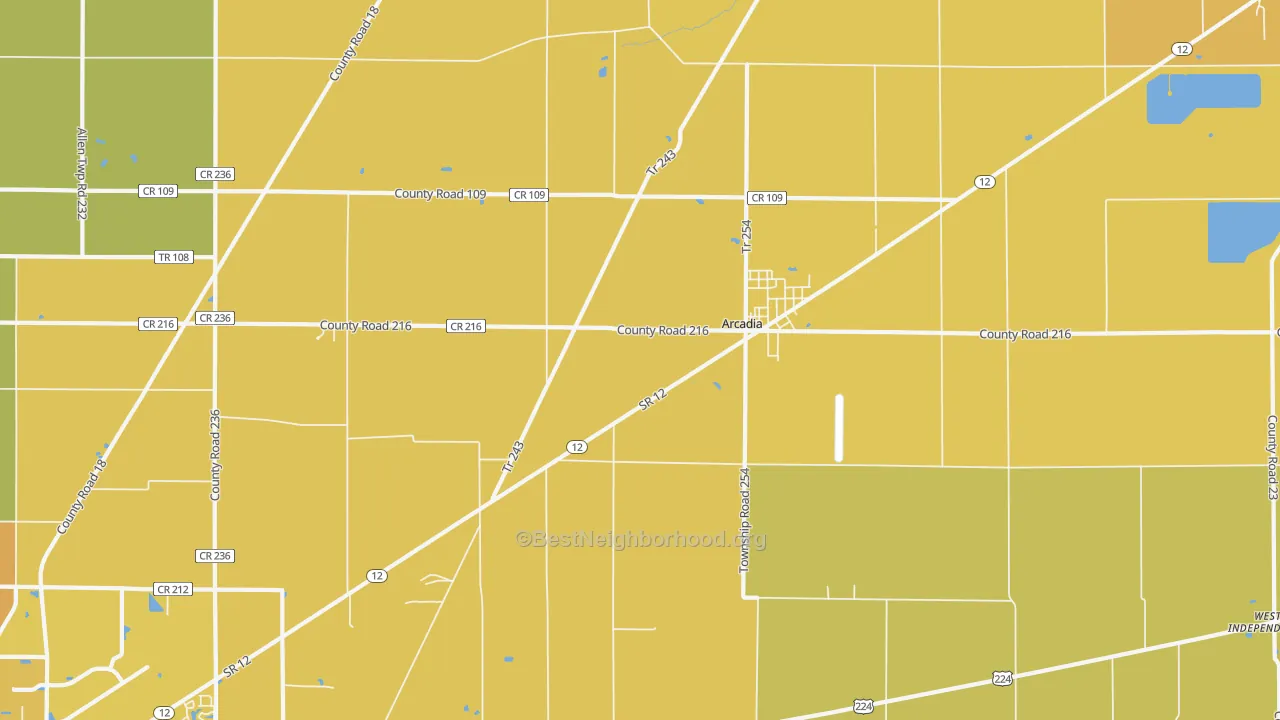 Map of the best neighborhoods in the Arcadia area, with better matches in green and worse matches in red