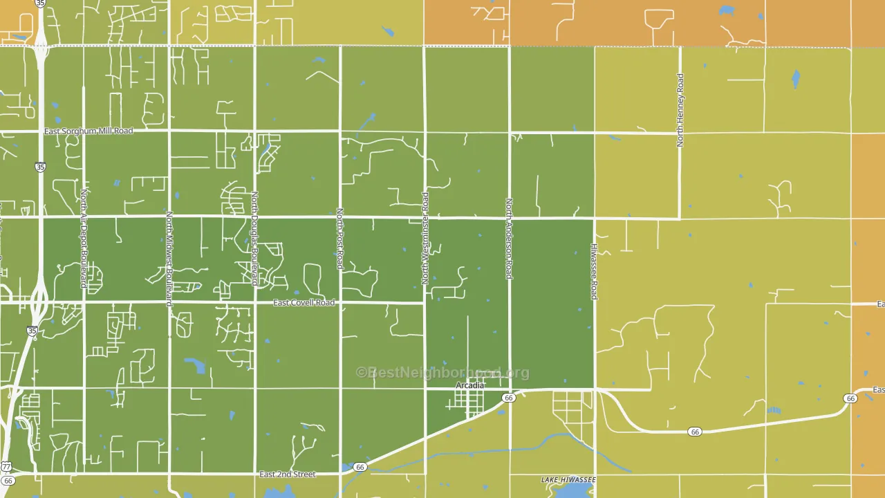 Map of the best neighborhoods in the Arcadia area, with better matches in green and worse matches in red