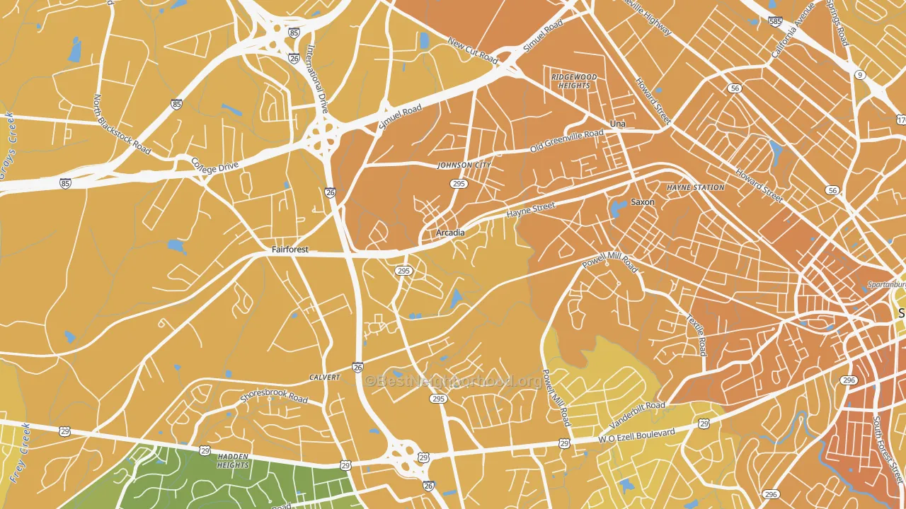 Map of the best neighborhoods in the Arcadia area, with better matches in green and worse matches in red