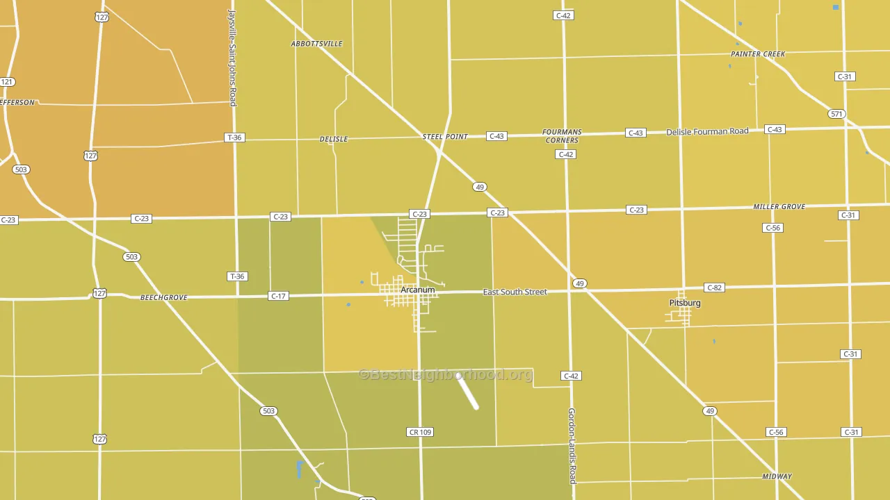 Map of the best neighborhoods in the Arcanum area, with better matches in green and worse matches in red