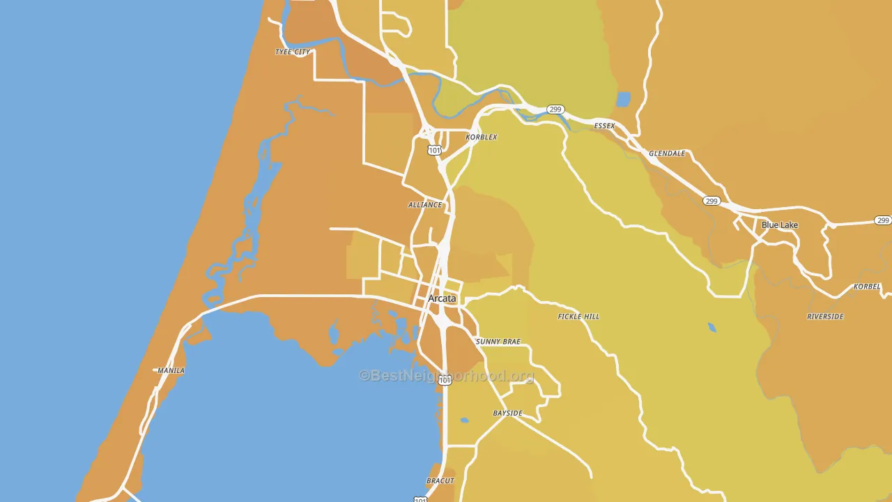 Map of the best neighborhoods in the Arcata area, with better matches in green and worse matches in red
