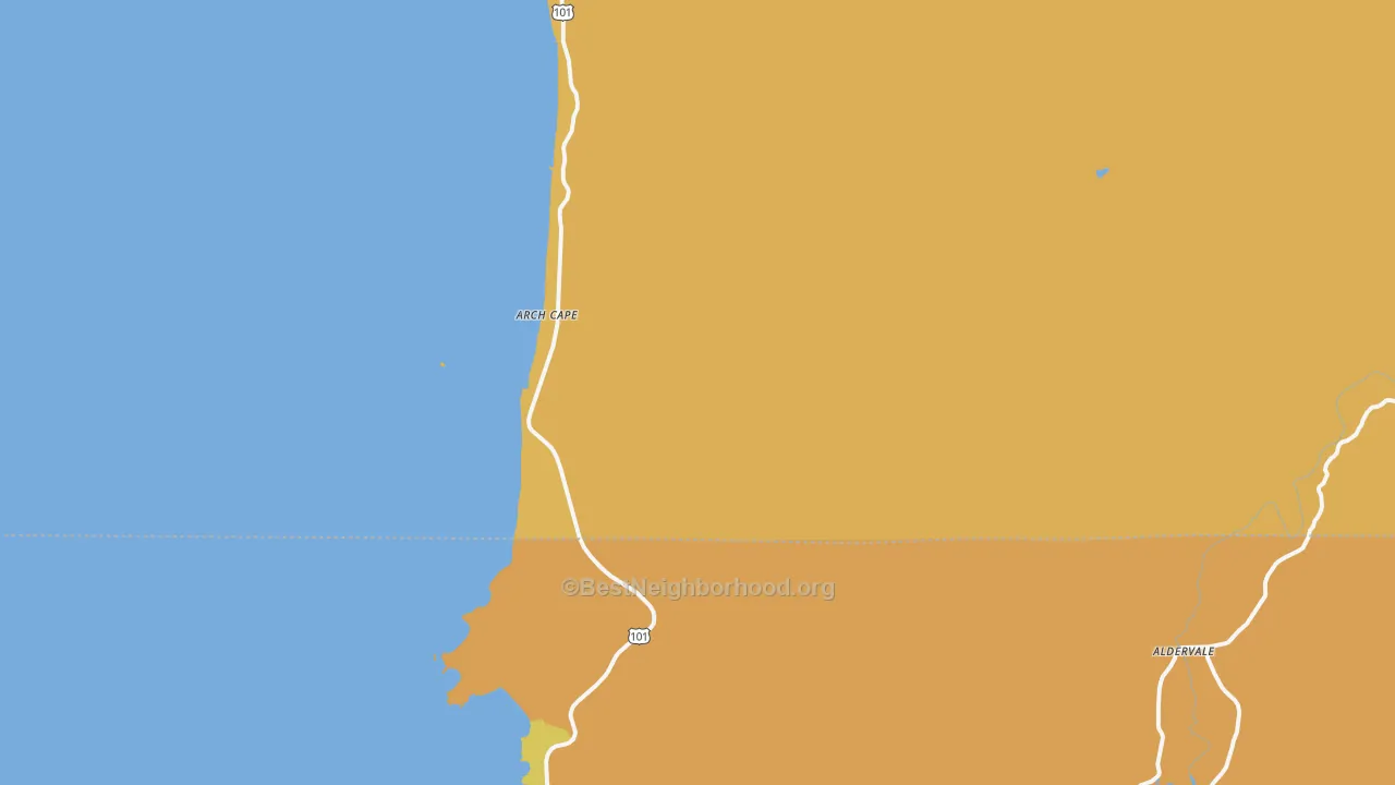 Map of the best neighborhoods in the Arch Cape area, with better matches in green and worse matches in red