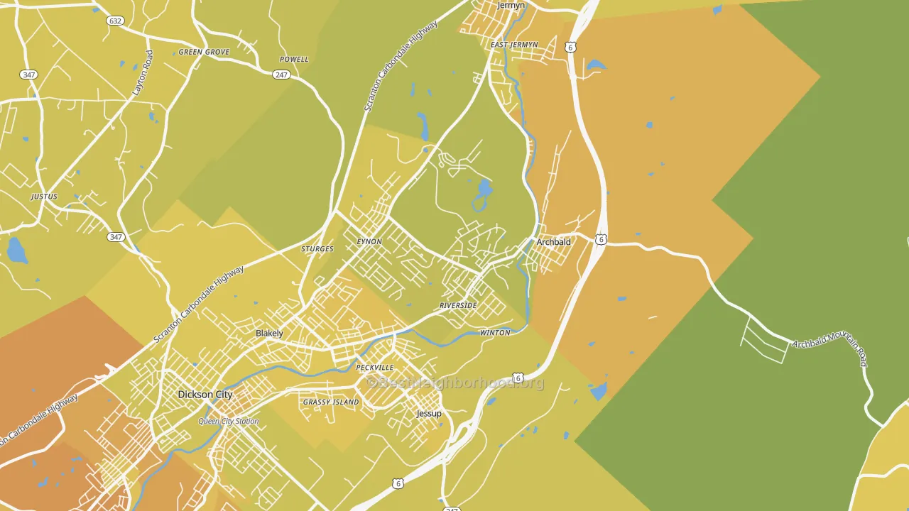 Map of the best neighborhoods in the Archbald area, with better matches in green and worse matches in red