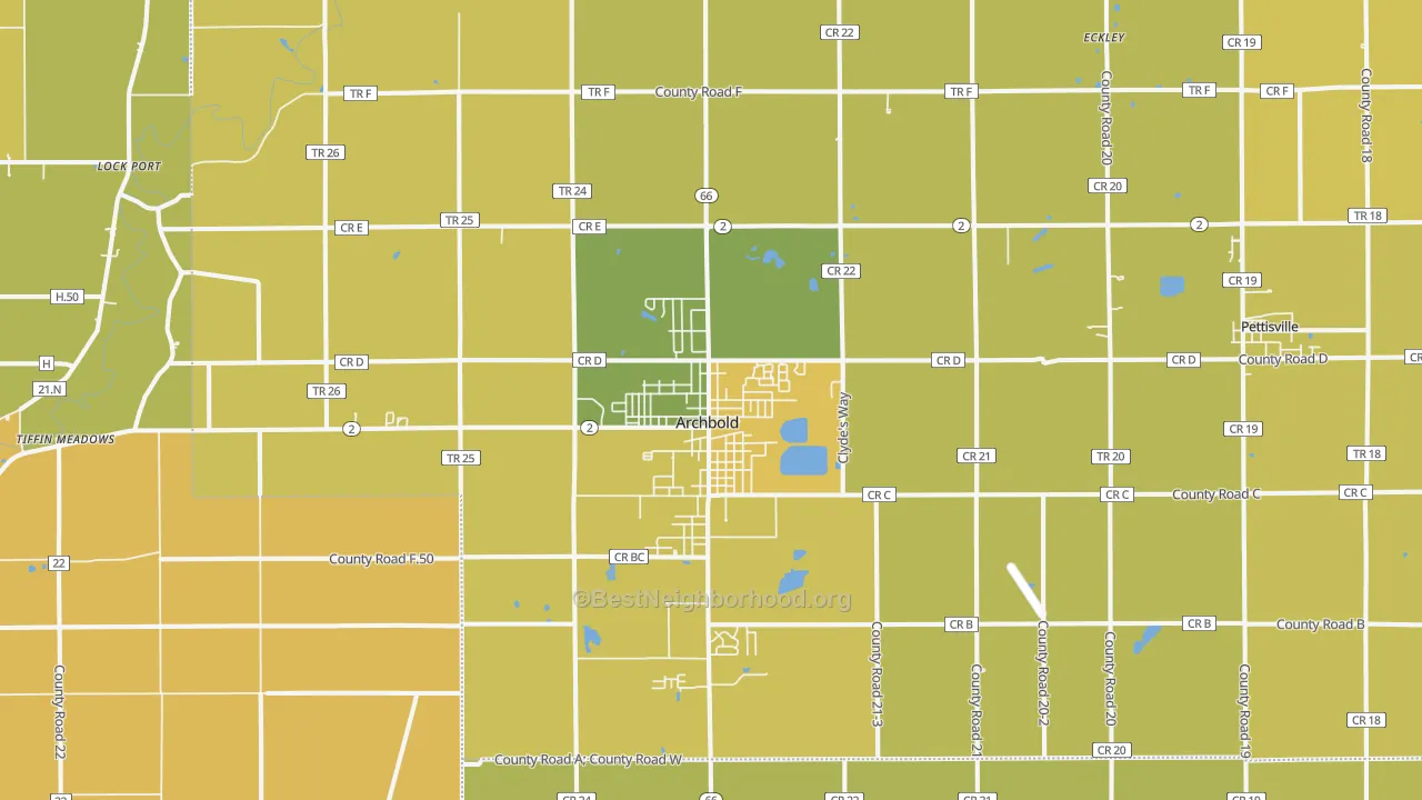Map of the best neighborhoods in the Archbold area, with better matches in green and worse matches in red