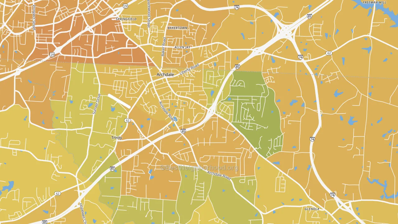 Map of the best neighborhoods in the Archdale area, with better matches in green and worse matches in red