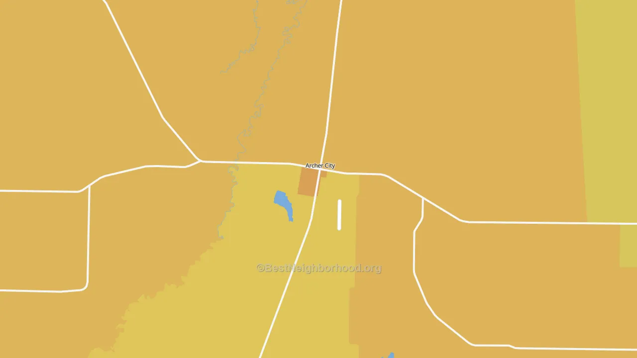 Map of the best neighborhoods in the Archer City area, with better matches in green and worse matches in red