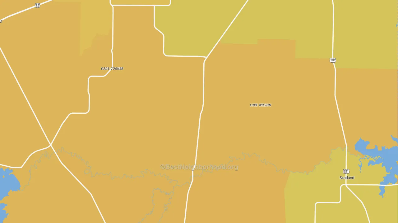 Map of the best neighborhoods in the Archer County area, with better matches in green and worse matches in red