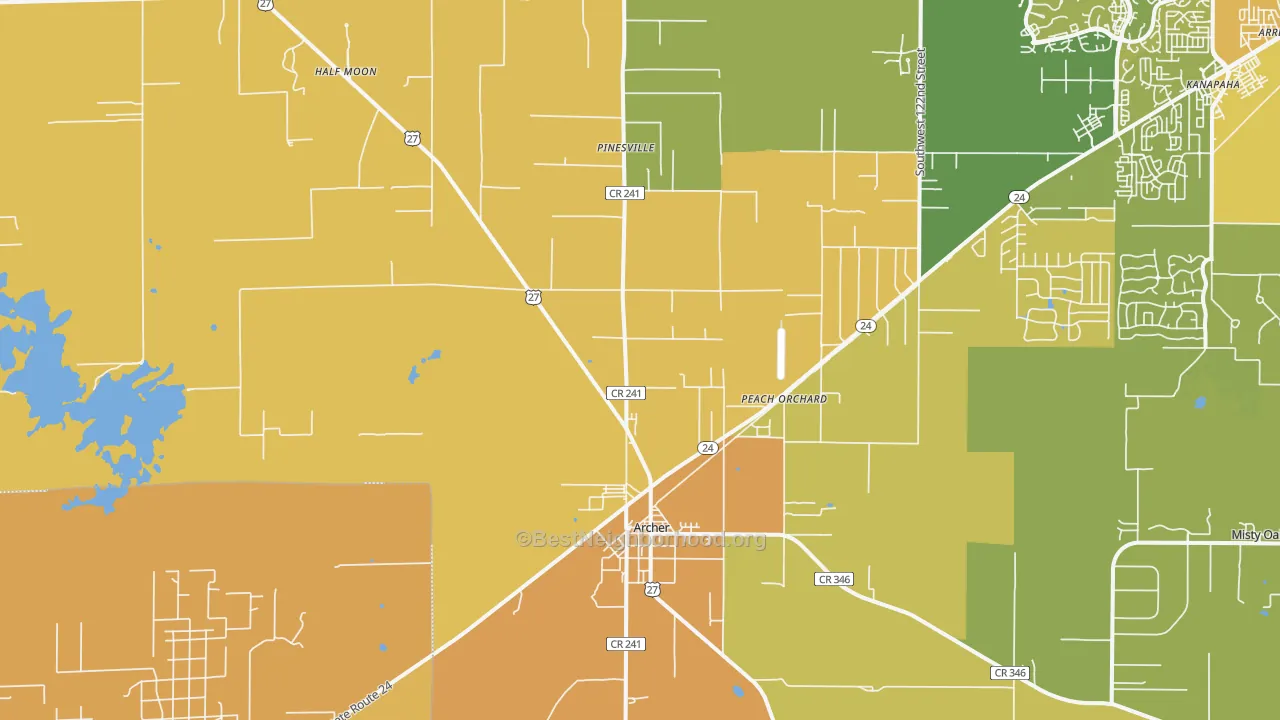 Map of the best neighborhoods in the Archer area, with better matches in green and worse matches in red