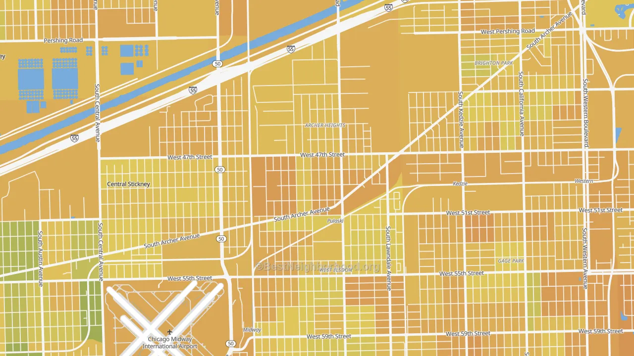 Map of the best neighborhoods in the Archer Heights, Chicago area, with better matches in green and worse matches in red