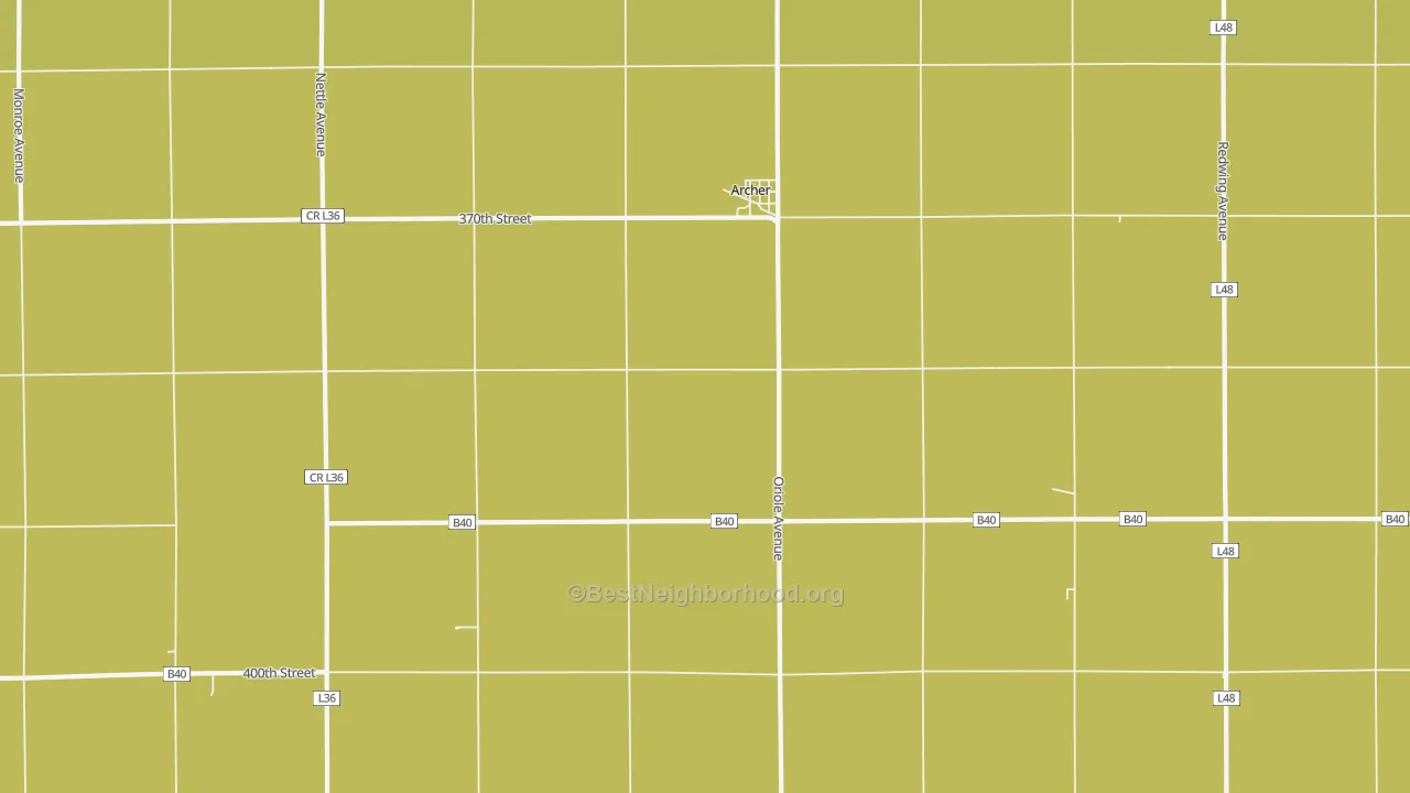Map of the best neighborhoods in the Archer area, with better matches in green and worse matches in red
