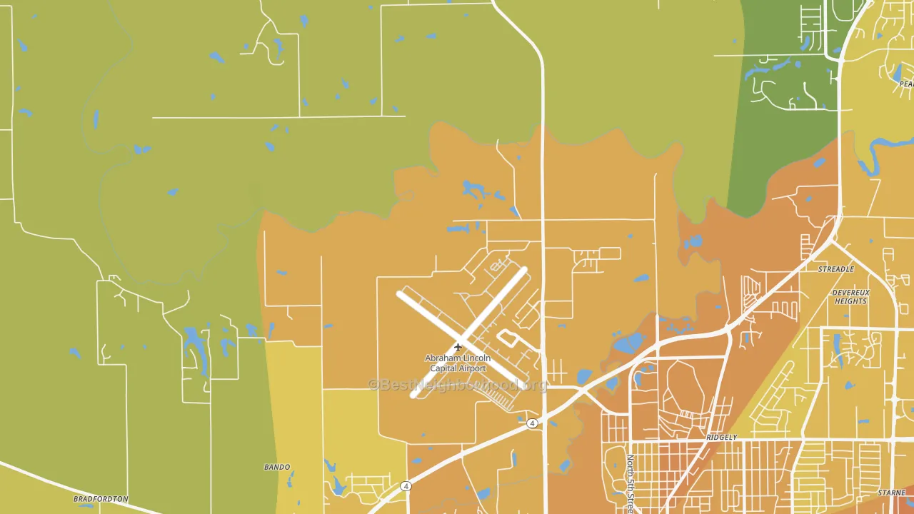 Map of the best neighborhoods in the Archer area, with better matches in green and worse matches in red