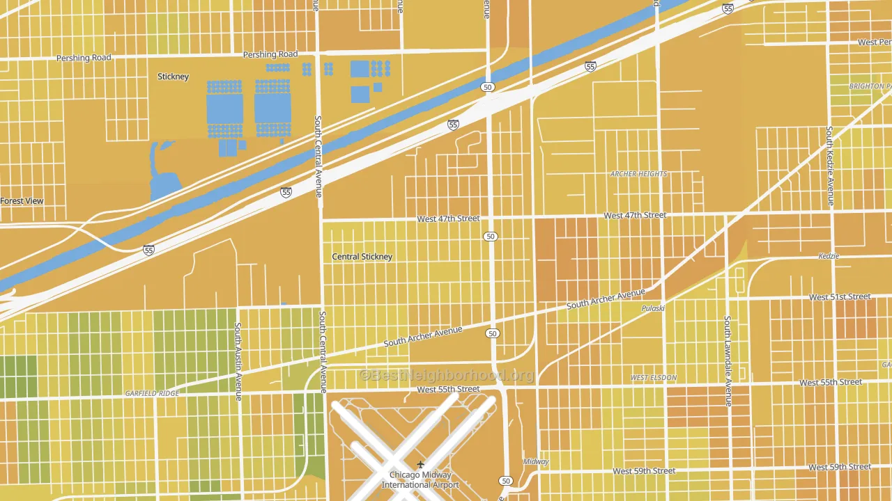 Map of the best neighborhoods in the Archer Limits, Chicago area, with better matches in green and worse matches in red