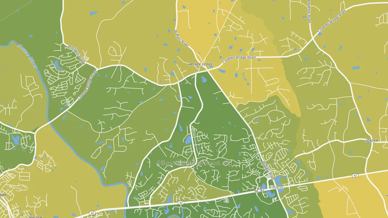 Map of the best neighborhoods in the Archer Lodge area, with better matches in green and worse matches in red