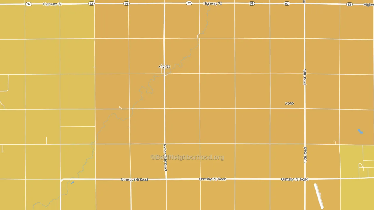 Map of the best neighborhoods in the Archer area, with better matches in green and worse matches in red