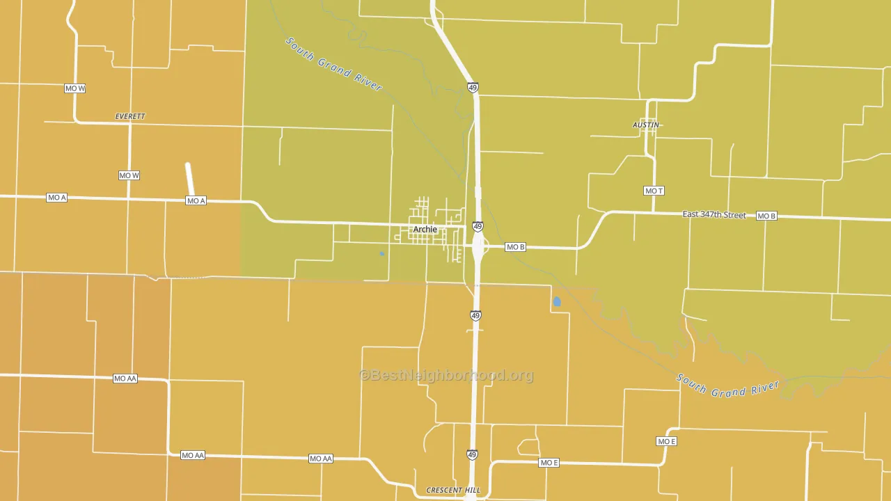Map of the best neighborhoods in the Archie area, with better matches in green and worse matches in red