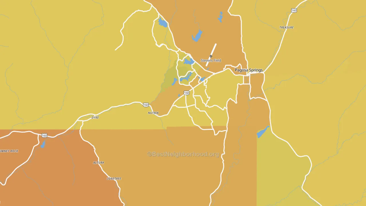 Map of the best neighborhoods in the Archuleta County area, with better matches in green and worse matches in red