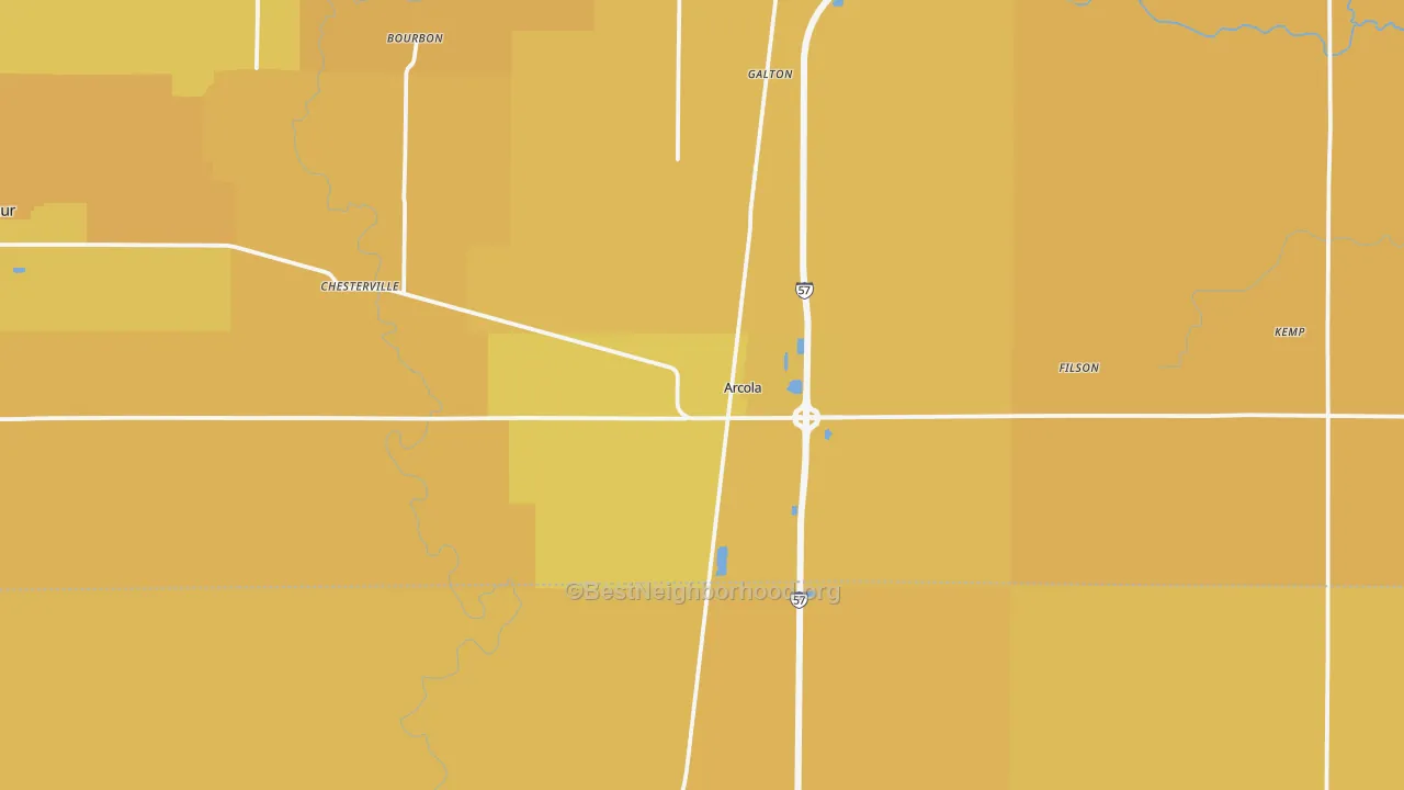 Map of the best neighborhoods in the Arcola area, with better matches in green and worse matches in red