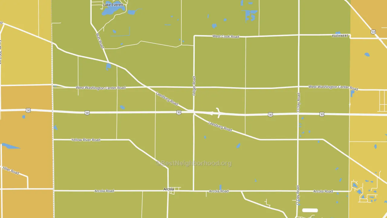 Map of the best neighborhoods in the Arcola area, with better matches in green and worse matches in red