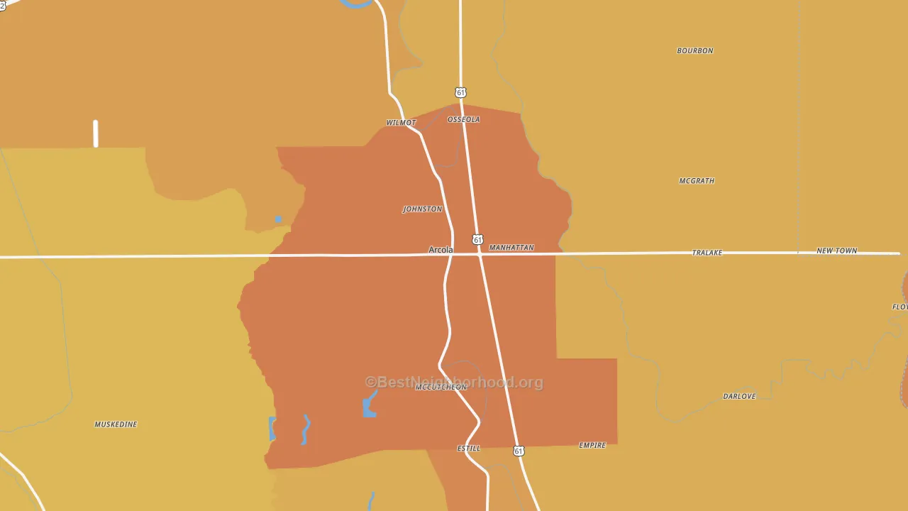 Map of the best neighborhoods in the Arcola area, with better matches in green and worse matches in red