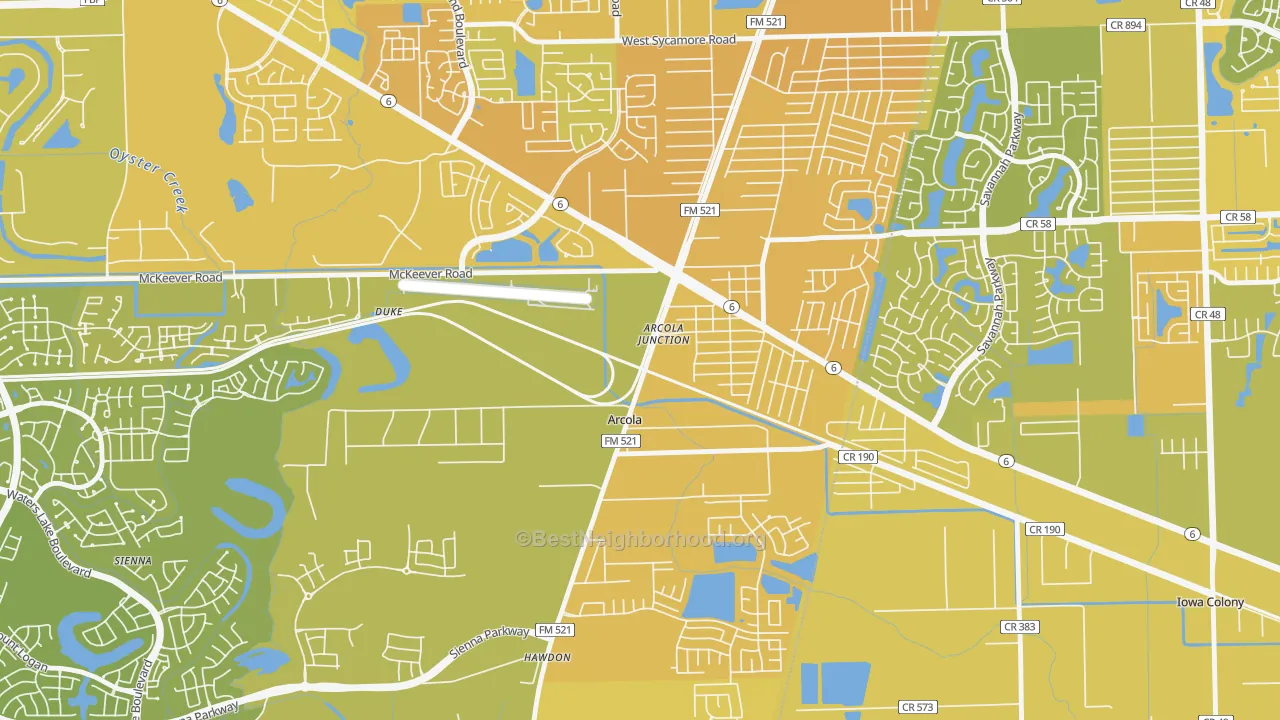 Map of the best neighborhoods in the Arcola area, with better matches in green and worse matches in red