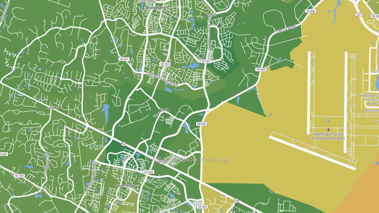 Map of the best neighborhoods in the Arcola area, with better matches in green and worse matches in red