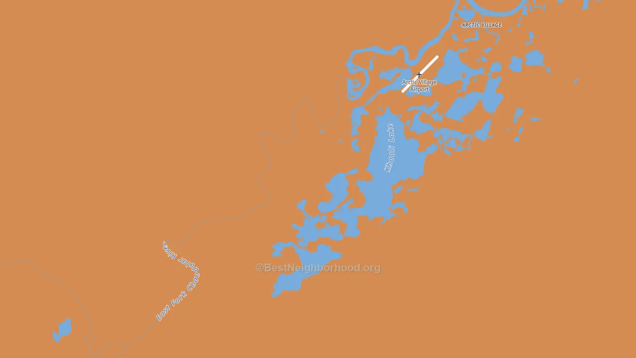Map of the best neighborhoods in the Arctic Village area, with better matches in green and worse matches in red
