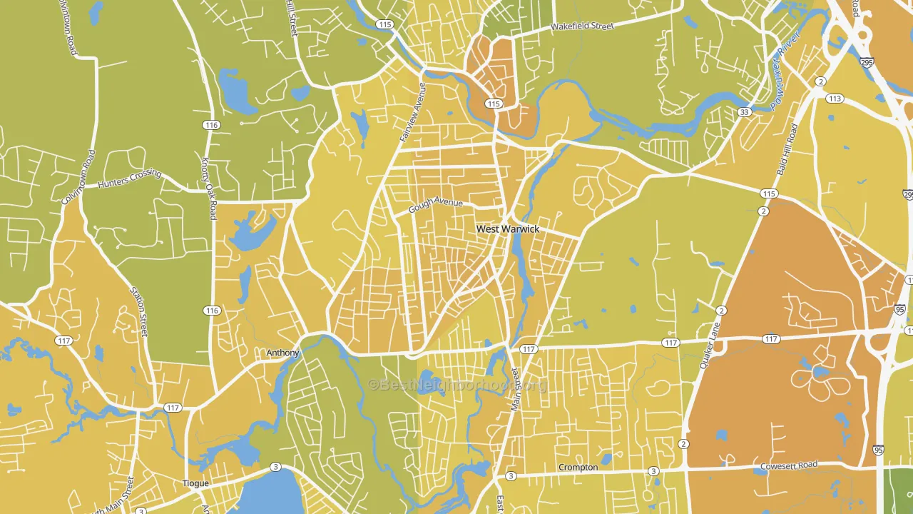 Map of the best neighborhoods in the Arctic, West Warwick area, with better matches in green and worse matches in red