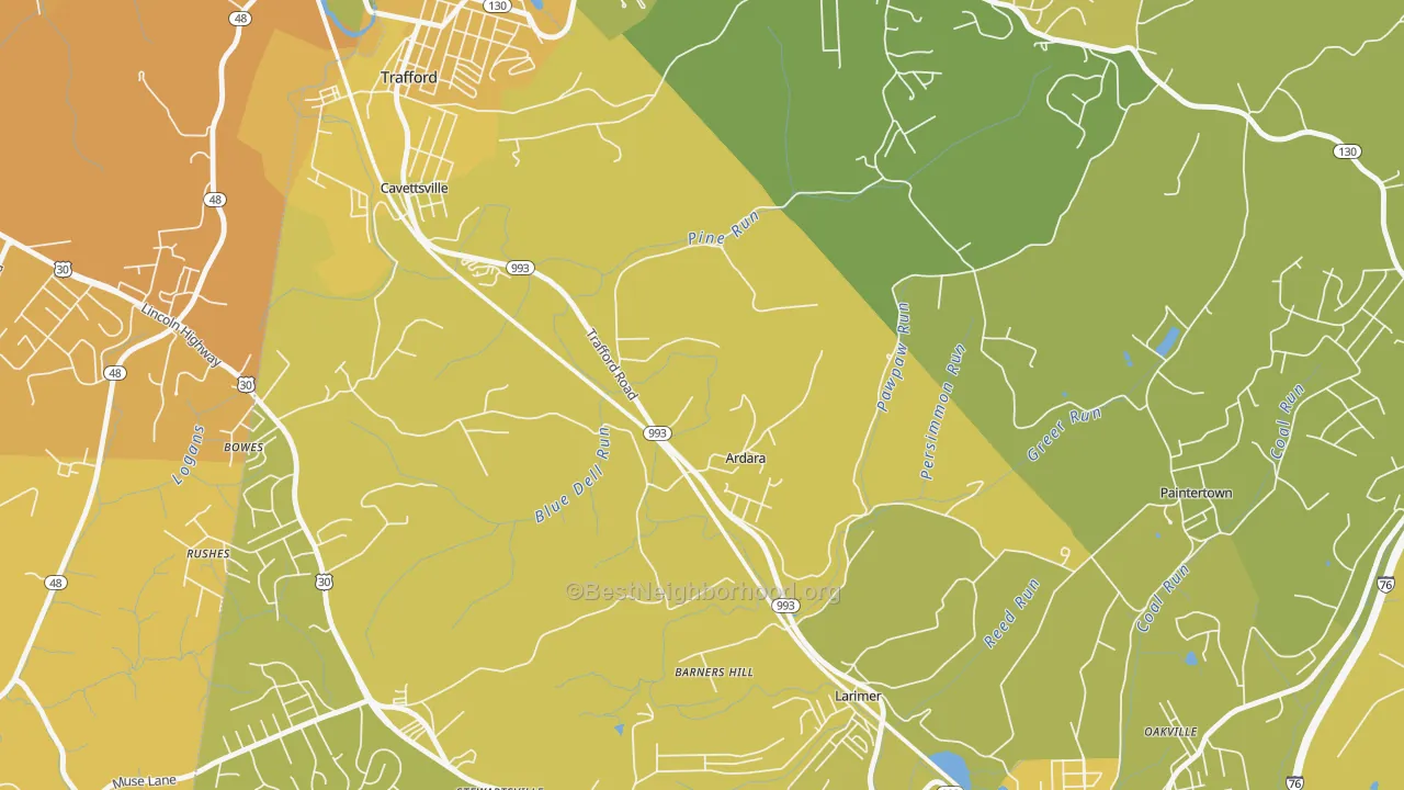 Map of the best neighborhoods in the Ardara area, with better matches in green and worse matches in red