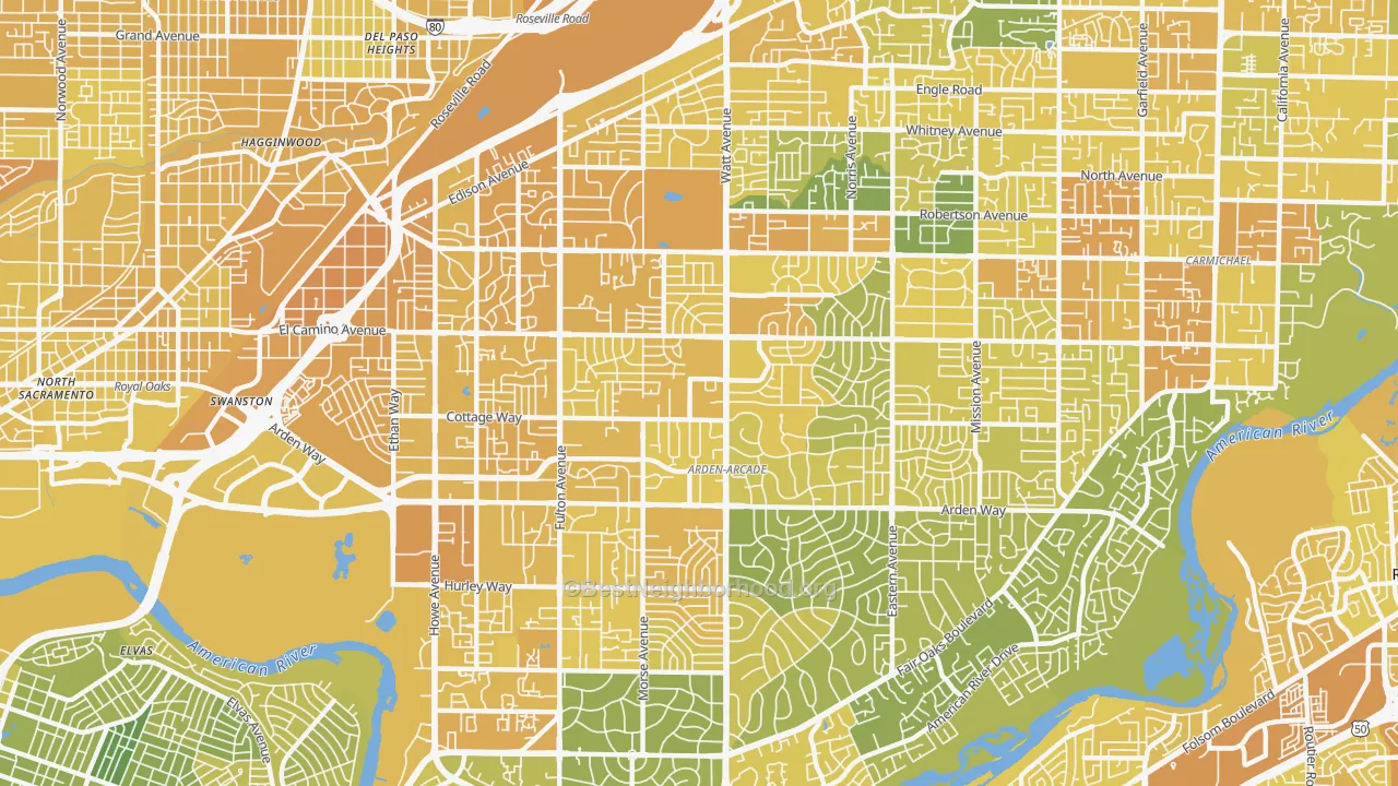 Map of the best neighborhoods in the Arden-Arcade area, with better matches in green and worse matches in red