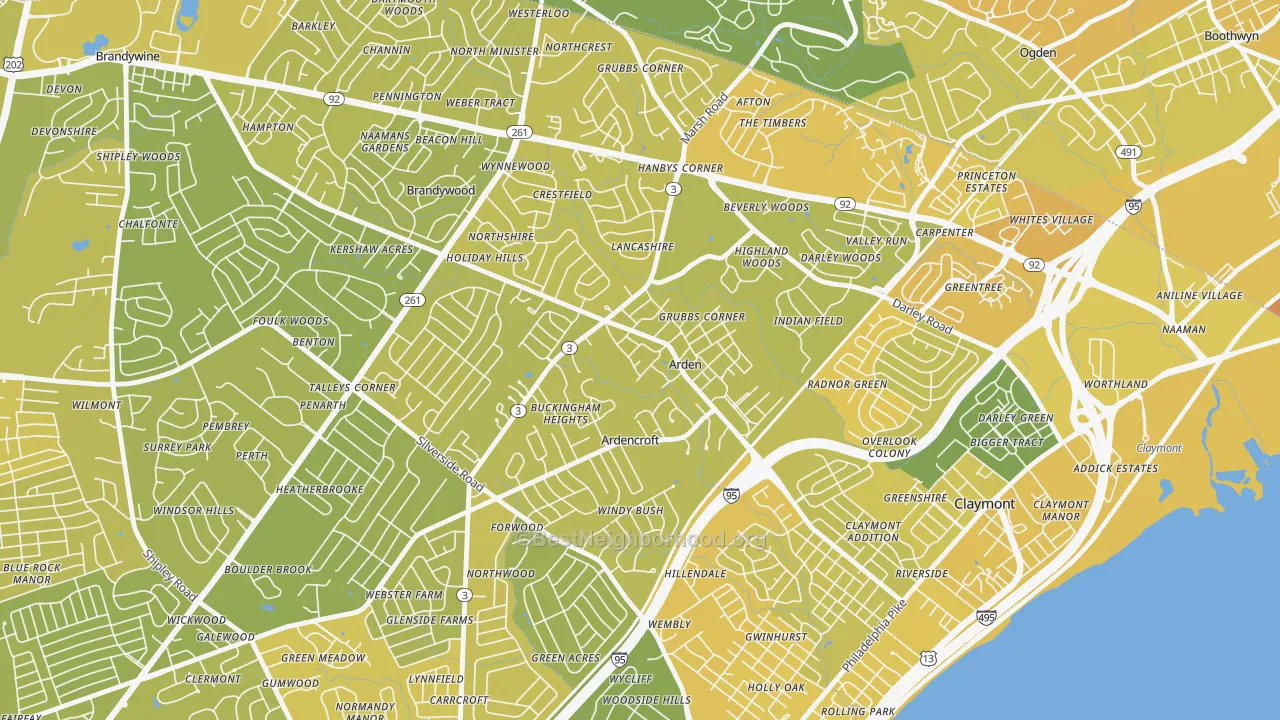 Map of the best neighborhoods in the Arden area, with better matches in green and worse matches in red