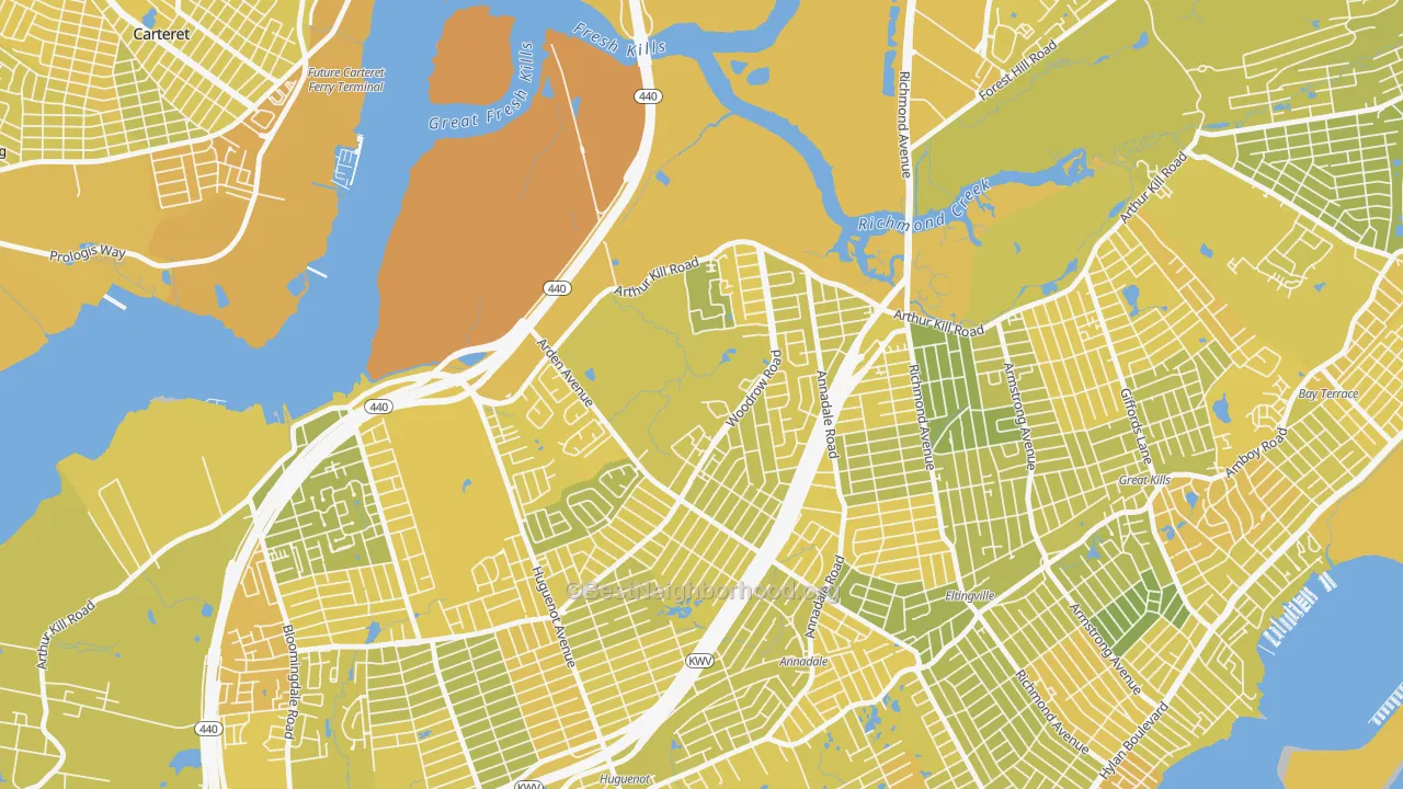 Map of the best neighborhoods in the Arden Heights, Staten Island area, with better matches in green and worse matches in red