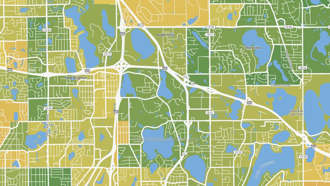 Map of the best neighborhoods in the Arden Hills area, with better matches in green and worse matches in red