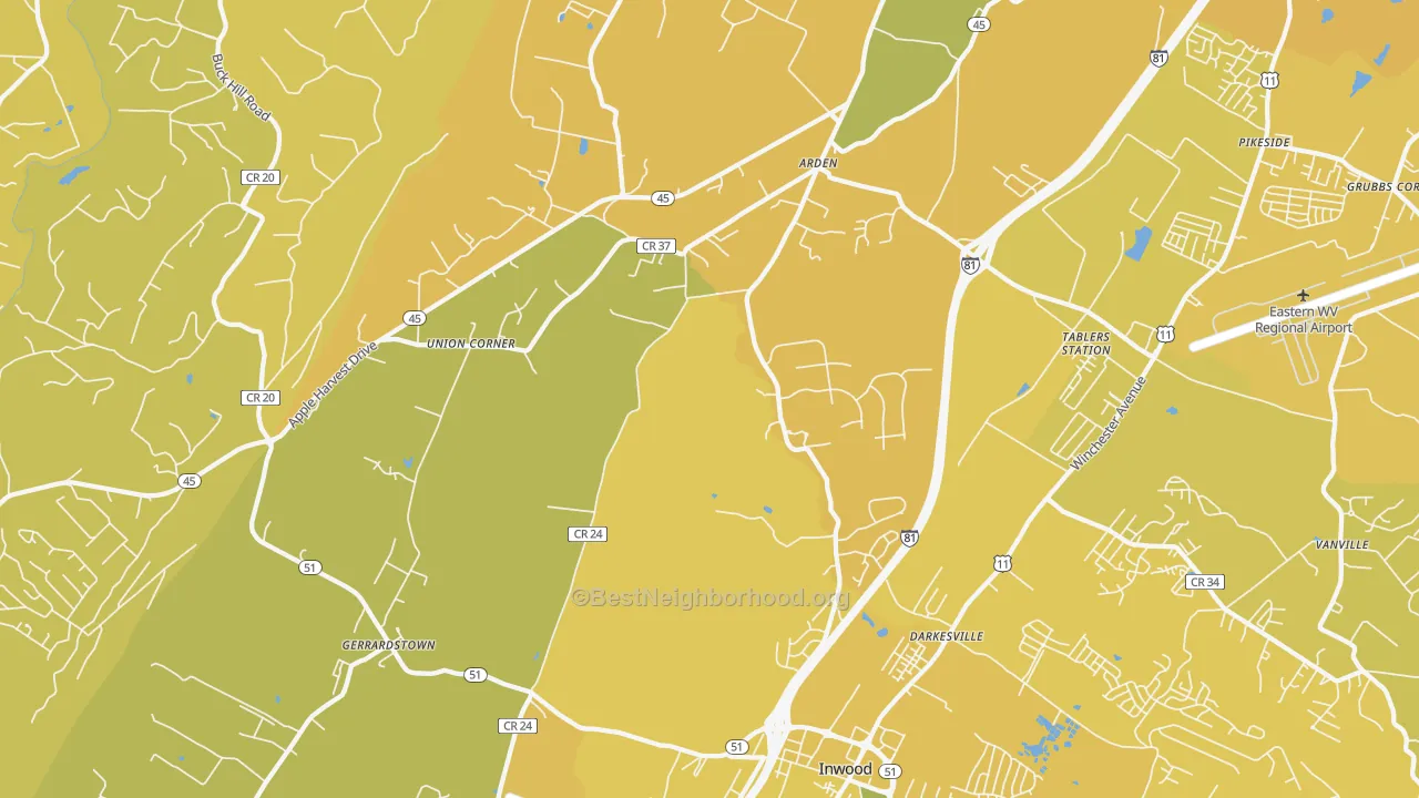 Map of the best neighborhoods in the Arden, Martinsburg area, with better matches in green and worse matches in red