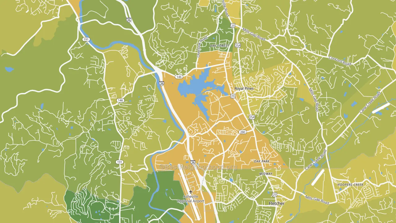 Map of the best neighborhoods in the Arden area, with better matches in green and worse matches in red