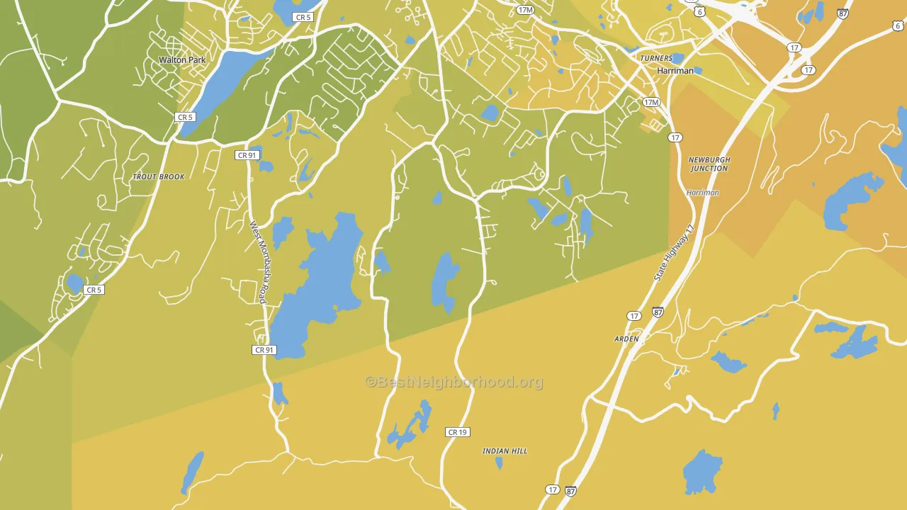 Map of the best neighborhoods in the Arden area, with better matches in green and worse matches in red