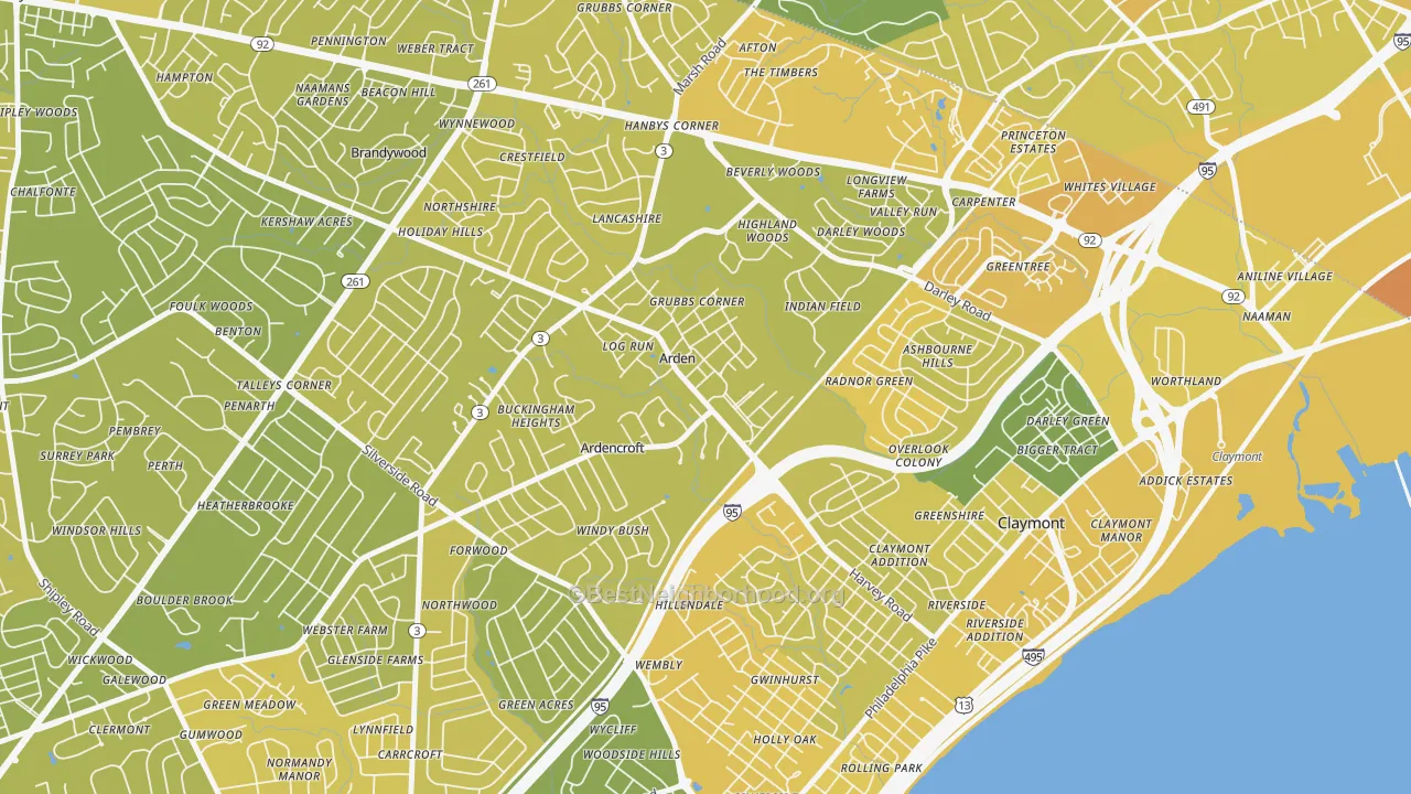 Map of the best neighborhoods in the Ardentown area, with better matches in green and worse matches in red