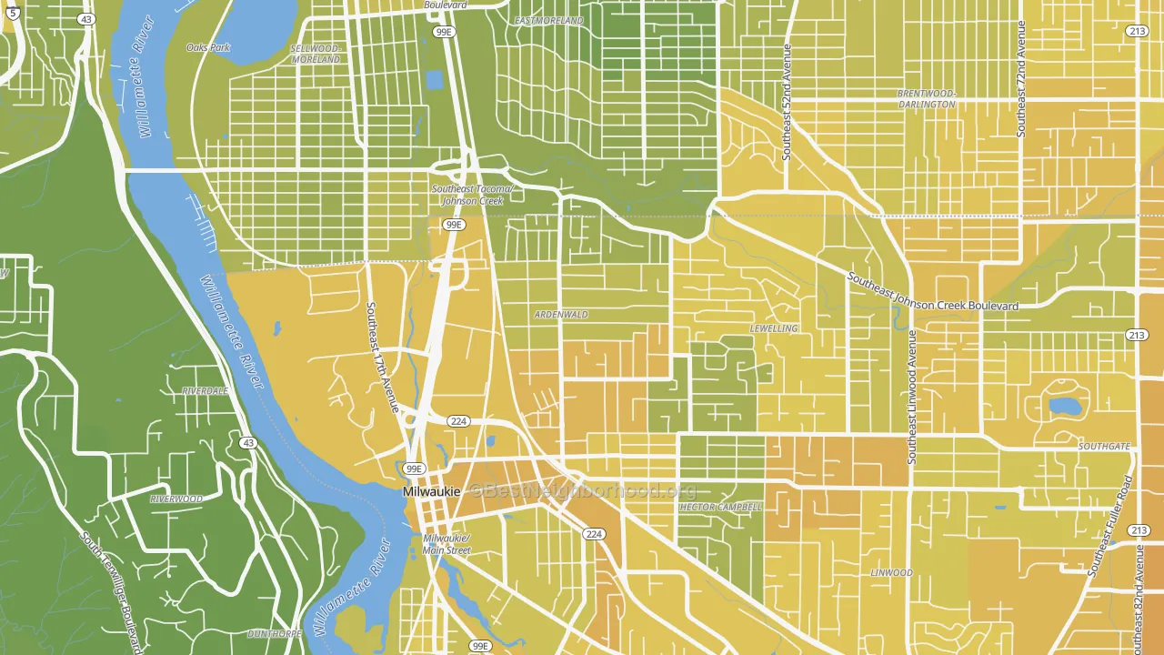 Map of the best neighborhoods in the Ardenwald, Milwaukie area, with better matches in green and worse matches in red