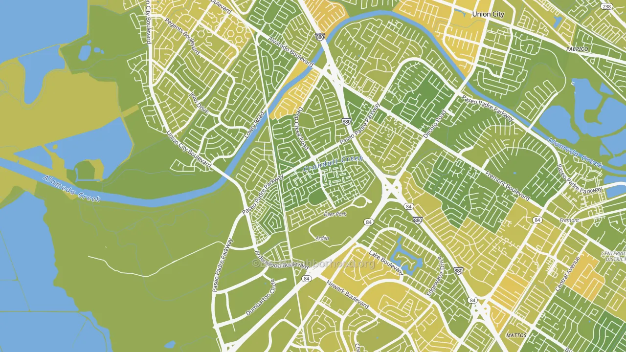 Map of the best neighborhoods in the Ardenwood, Fremont area, with better matches in green and worse matches in red