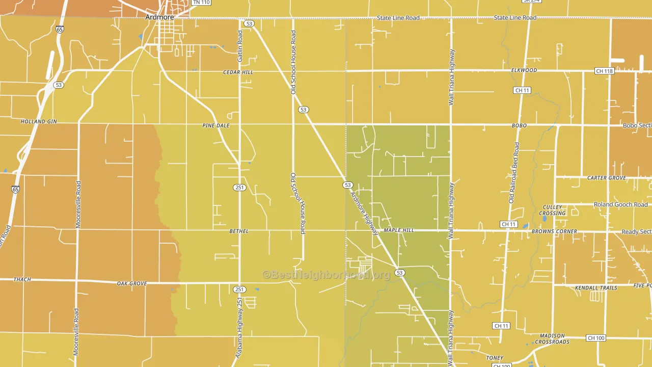 Map of the best neighborhoods in the Ardmore area, with better matches in green and worse matches in red