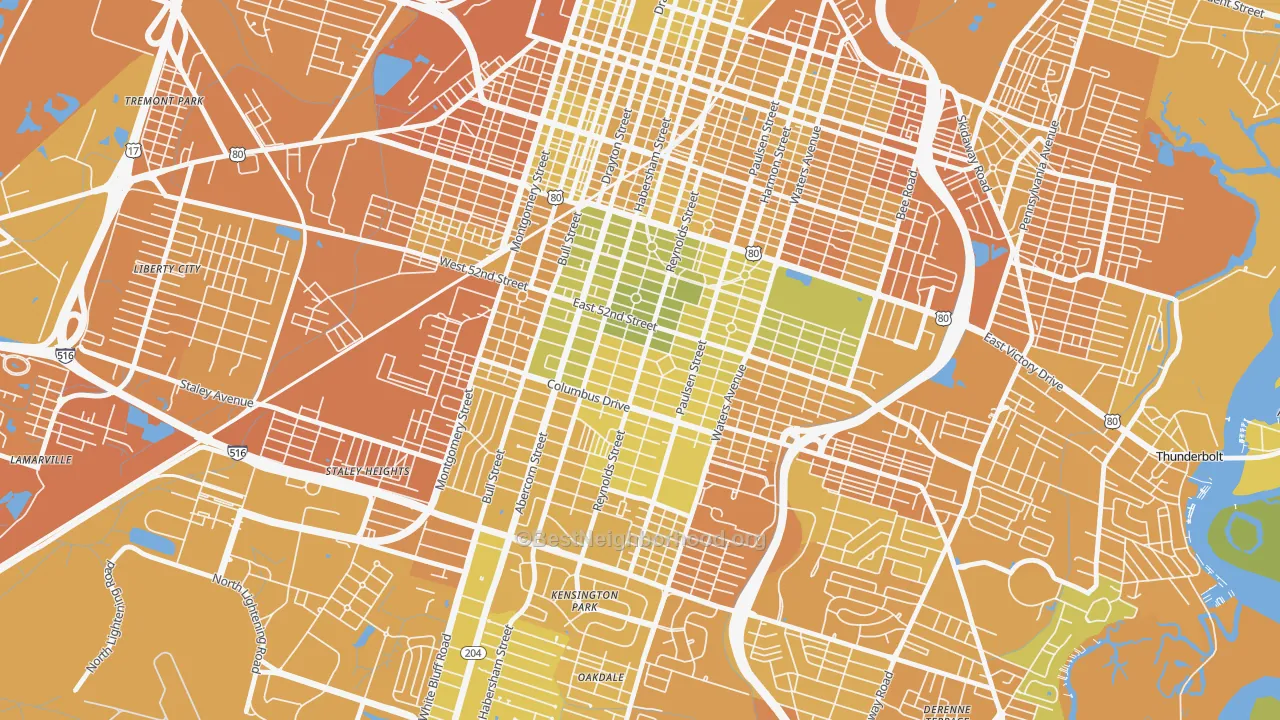 Map of the best neighborhoods in the Ardmore-Gould Estates-Olin Heights, Savannah area, with better matches in green and worse matches in red