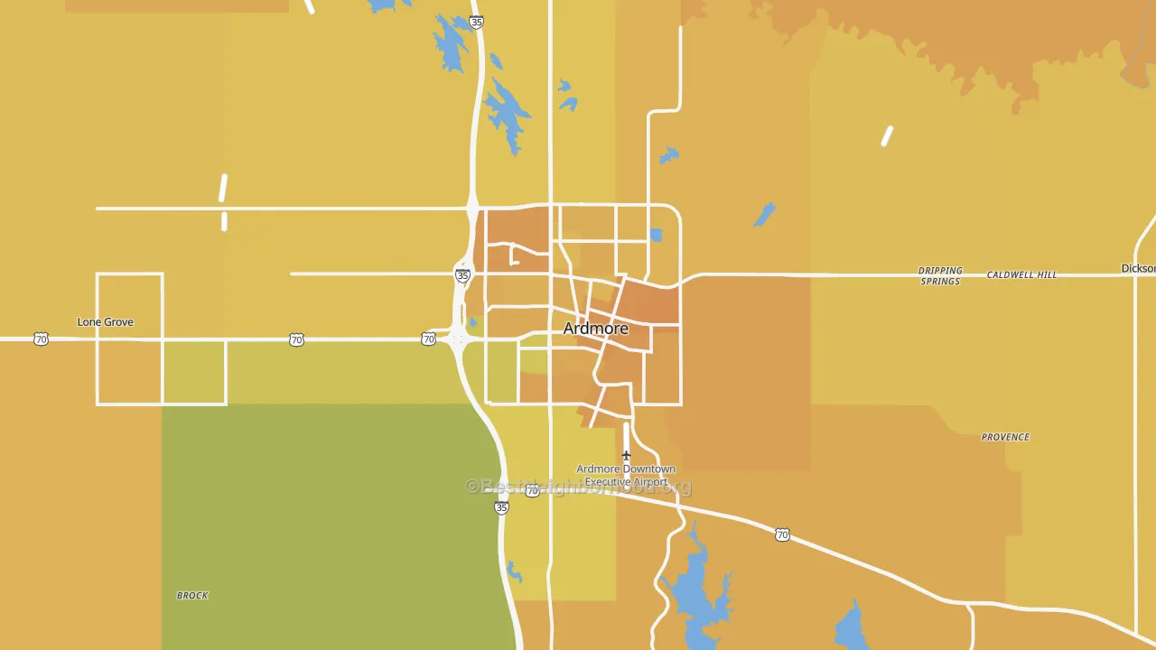 Map of the best neighborhoods in the Ardmore area, with better matches in green and worse matches in red