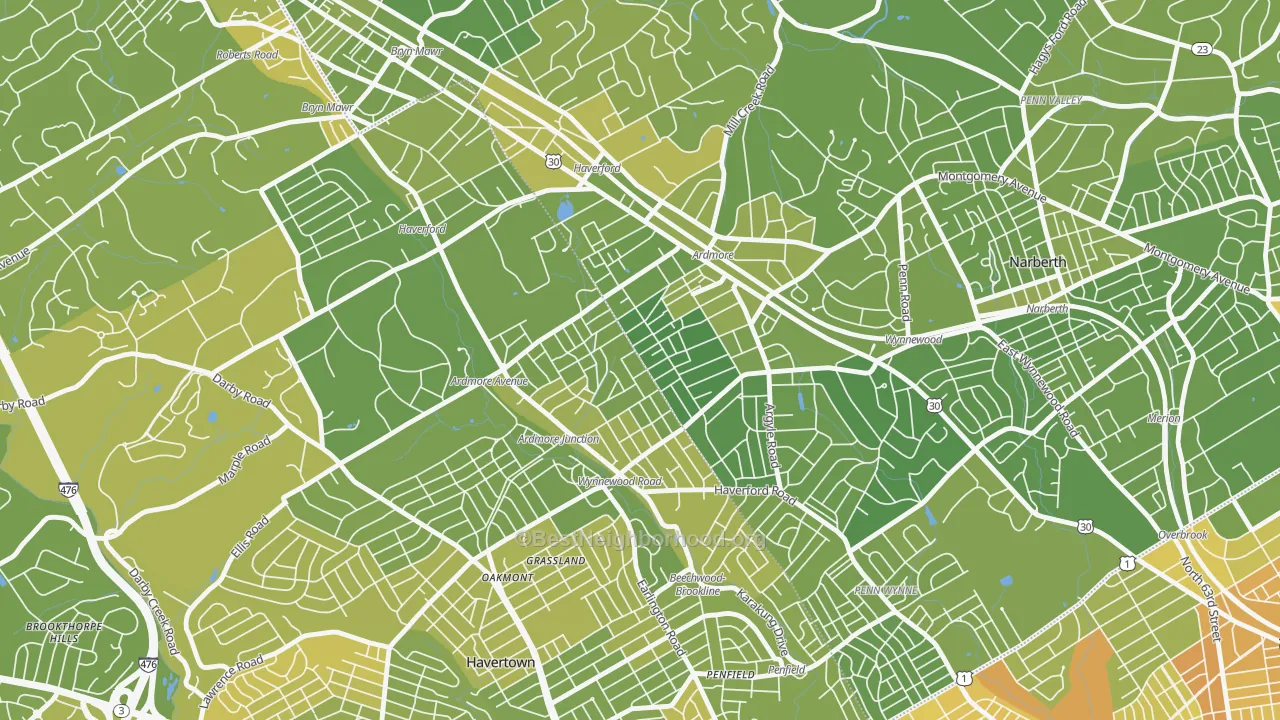 Map of the best neighborhoods in the Ardmore area, with better matches in green and worse matches in red