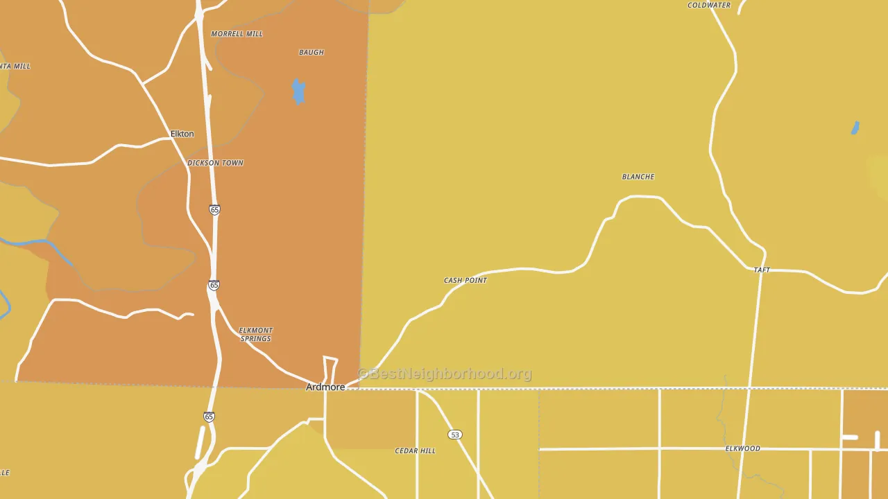 Map of the best neighborhoods in the Ardmore area, with better matches in green and worse matches in red