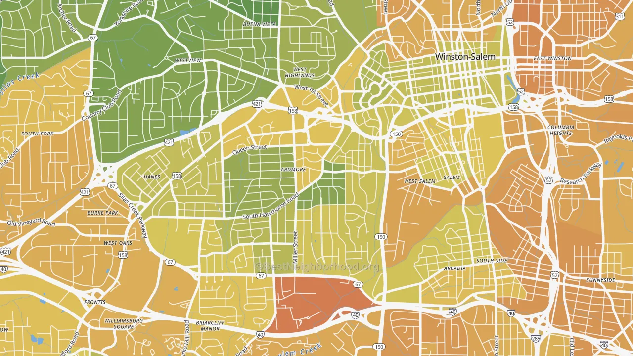 Map of the best neighborhoods in the Ardmore, Winston-Salem area, with better matches in green and worse matches in red