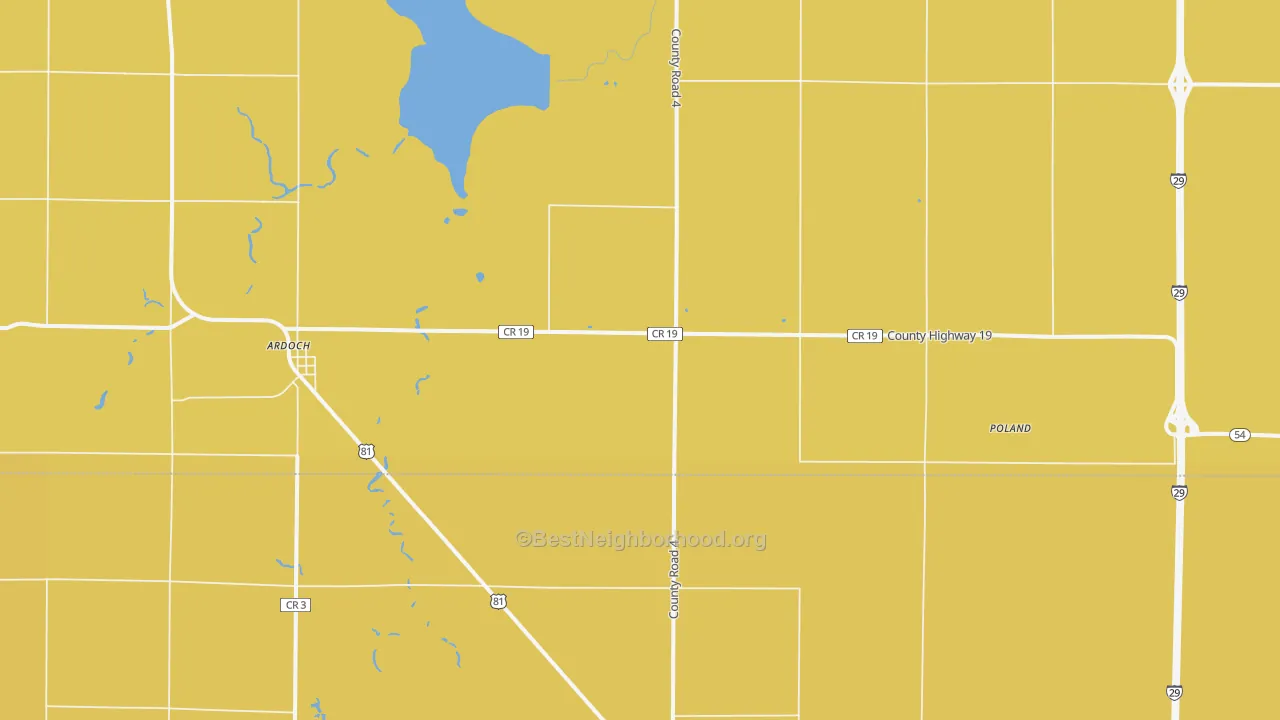 Map of the best neighborhoods in the Ardoch area, with better matches in green and worse matches in red