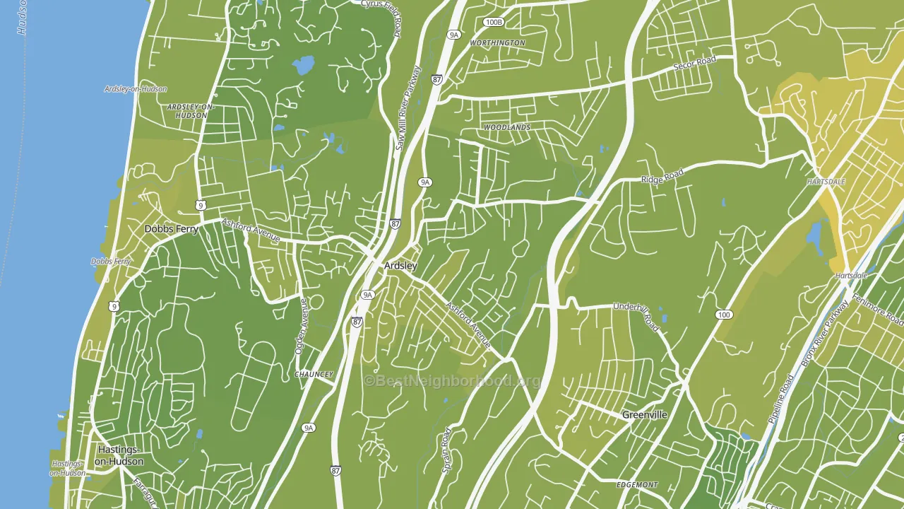 Map of the best neighborhoods in the Ardsley area, with better matches in green and worse matches in red
