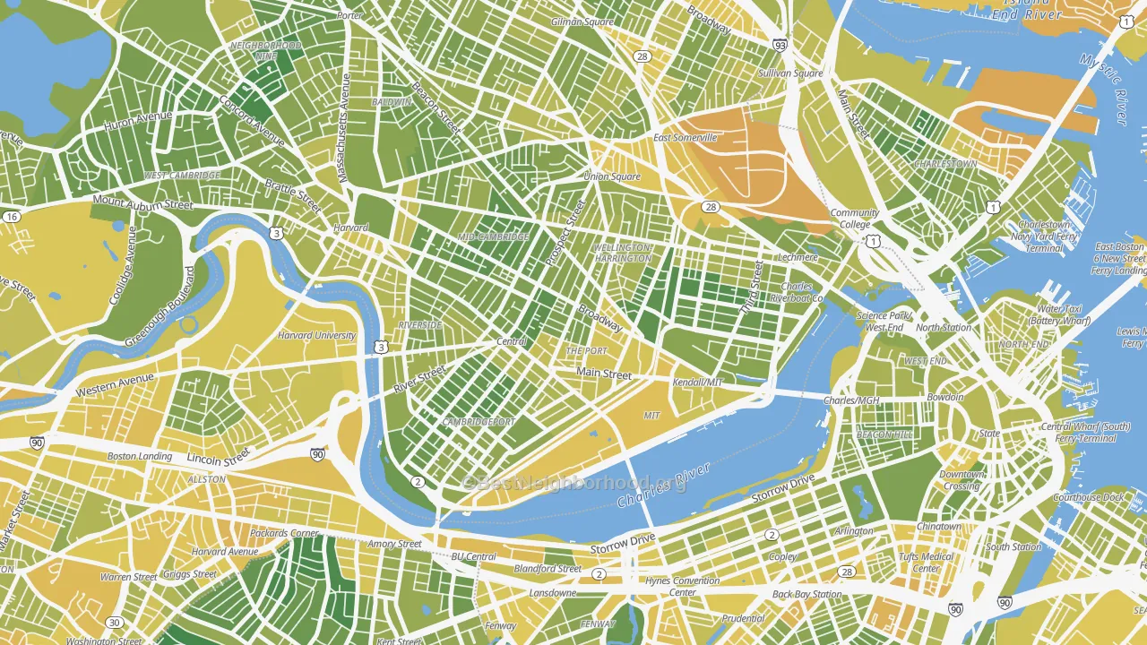 Map of the best neighborhoods in the Area IV, Cambridge area, with better matches in green and worse matches in red