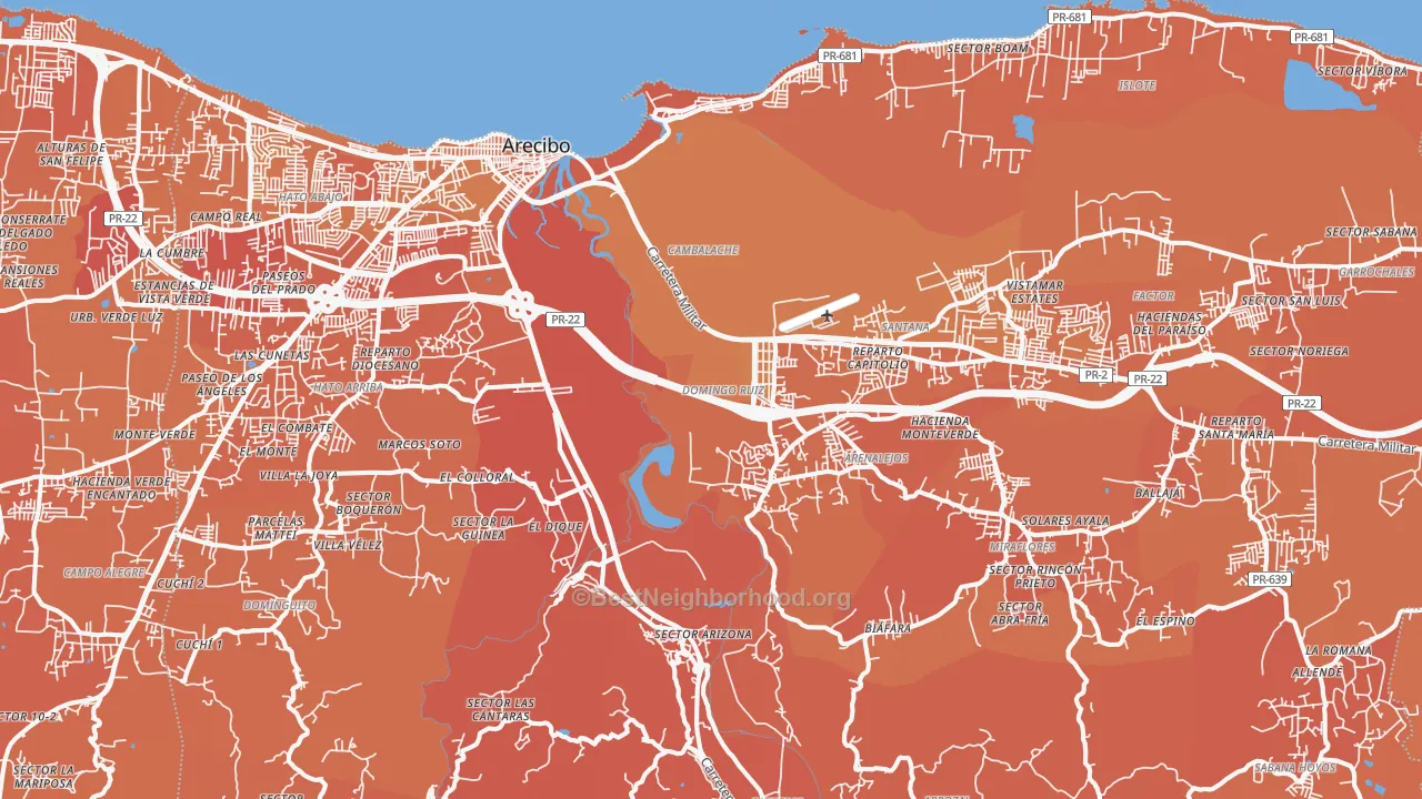 Map of the best neighborhoods in the Arecibo Municipio area, with better matches in green and worse matches in red